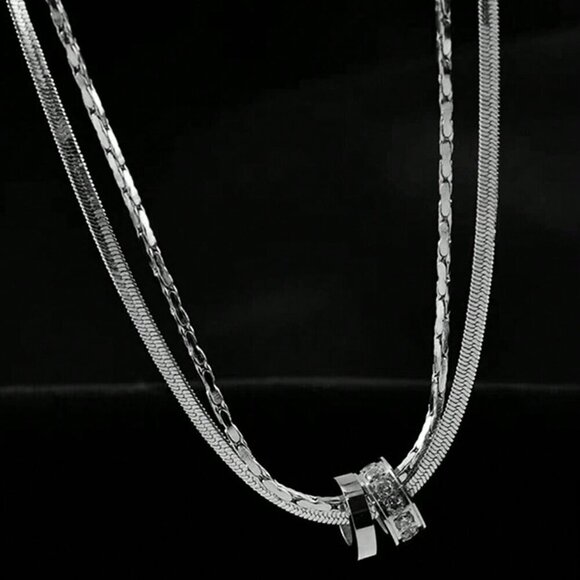 Silver Casual Women's Stainless Steel Round Cz Inlaid Double Layer Necklace - Picture 2 of 14